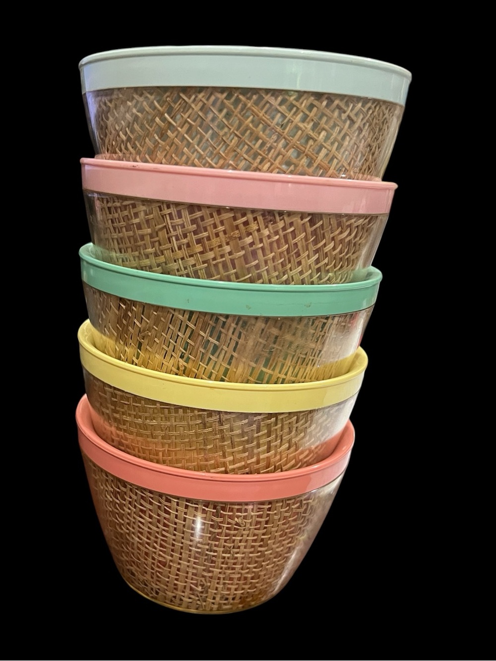 Melamine Raffiaware bowls by Mallory Randall, MCM, set of 5